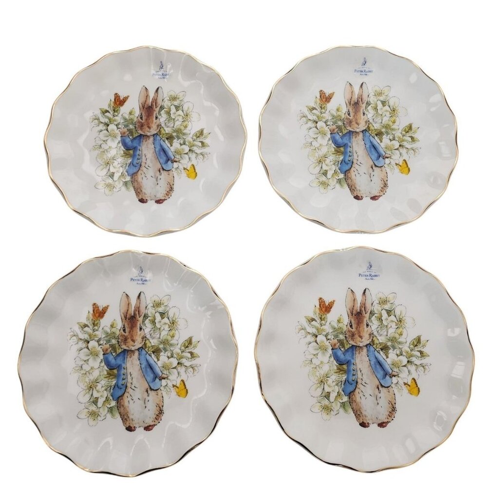Beatrix Potter Peter Rabbit Set of 4 Dinner Plates Gold Edge Easter 10.75" NWT